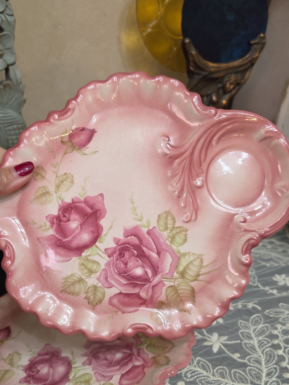 Mid Century Tennis Plate Vintage Pink Rose Decorative Plate by Oswald